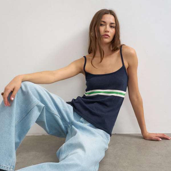 いの一番販売店 Topshop TOPSHOP いの一番販売店のニットストライプタンクトップ（青味） トップス レディース 御上さん インポートブランド 小っちゃい大きさから途轍も無い大きさまで