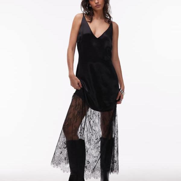 エイソス ASOS asos ASOS DESIGN Vネック サテン スリップ マキシドレス（ブラック、レーススカート付き） ワンピース レディース 女性 インポートブランド 小さいサイズから大きいサイズまで