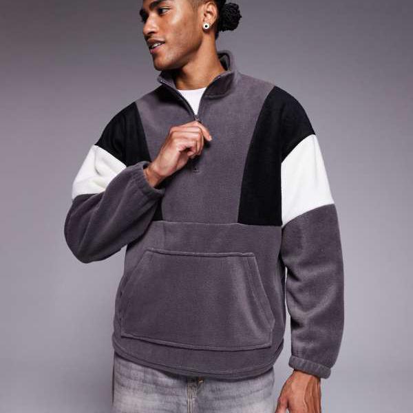 エイソス ASOS asos ASOS DESIGN リラックスファネルネックフリーススウェットシャツ（グレー、カラーブロック） トップス メンズ 男性 インポートブランド 小さいサイズから大きいサイズまで 9,983円