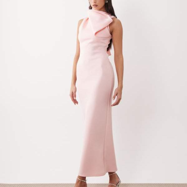 エイソス ASOS asos ASOS DESIGNのハイネック、フォールンボウディテールのミディドレス（淡いピンクのスキューバスタイル生地） ワンピース レディース 女性 インポートブランド 小さいサイズから大きいサイズまで