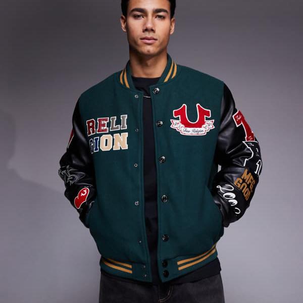 True Religion トゥルーレリジョン True Religionのパッチ刺繍入りバーシティジャケット(グリーン) アウター メンズ 男性 インポートブランド 小さいサイズから大きいサイズまで|セレクトショップ Diva Closet