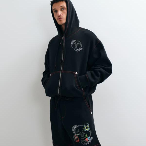 True Religion トゥルーレリジョン True Religion ブッダフェイスバックプリントグラフィック ボクシーフィット ジップアップフーディー セットアップ ブラック トップス メンズ 男性 インポートブランド 小さいサイズから大きいサイズまで｜セレクトショップ　Diva　Closet