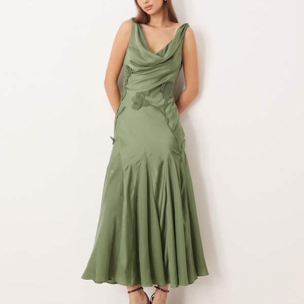 エイソス ASOS asos ASOS DESIGNのサテン カウルネック ゴデット マキシドレス(カーキ、3Dオーガンザフローラル) ワンピース レディース 女性 インポートブランド 小さいサイズから大きいサイズまで