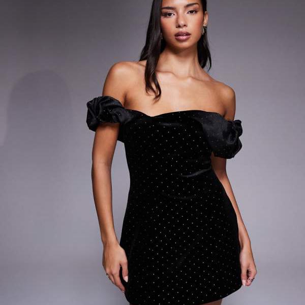 エイソス ASOS asos ASOS DESIGN プレミアムベルベット装飾ミニドレス（ネックディテール付き、ブラック） ワンピース レディース 女性 インポートブランド 小さいサイズから大きいサイズまで 27,963円