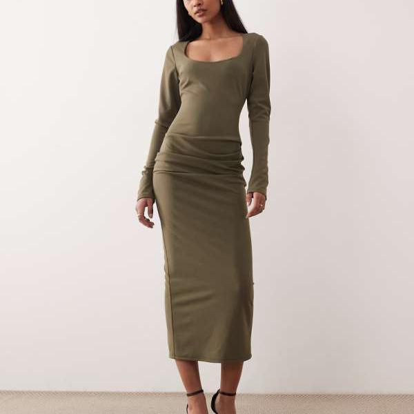 エイソス ASOS asos ASOS DESIGN 長袖スクープネックミディドレス（カーキ） トップス レディース 女性 インポートブランド 小さいサイズから大きいサイズまで 14,748円