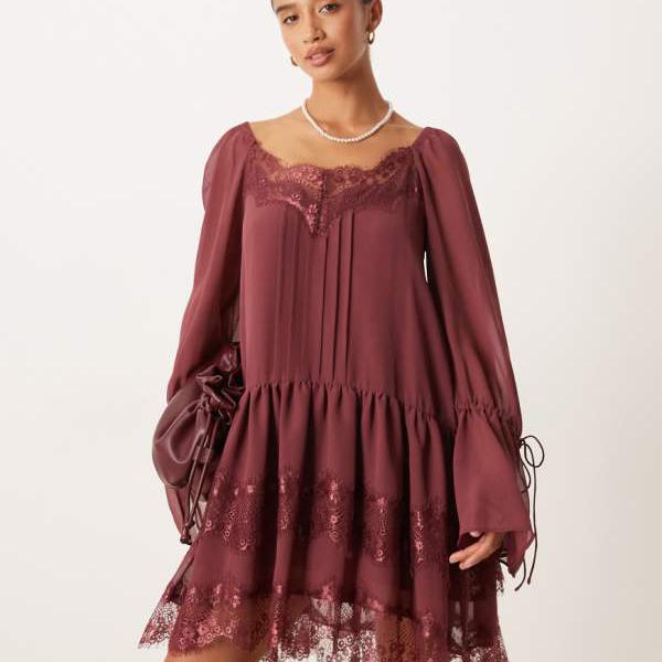 エイソス ASOS asos ASOS DESIGN プチ ロングスリーブ スウィートハートネックライン ミニドレス(バーガンディ) トップス レディース 女性 インポートブランド 小さいサイズから大きいサイズまで