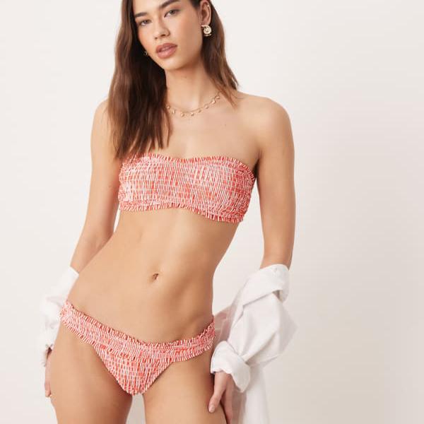 エイソス ASOS asos ASOS DESIGN スカーレットストライプ シャーリング ハイレッグ ビキニボトム（オレンジ） 水着 レディース 女性 インポートブランド 小さいサイズから大きいサイズまで