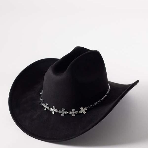 マイアクセサリーロンドン My Accessories London マイアクセサリーズ 私のアクセサリー、シルバーのクロストリムが入った黒のカウボーイハット 帽子 レディース 女性 インポートブランド