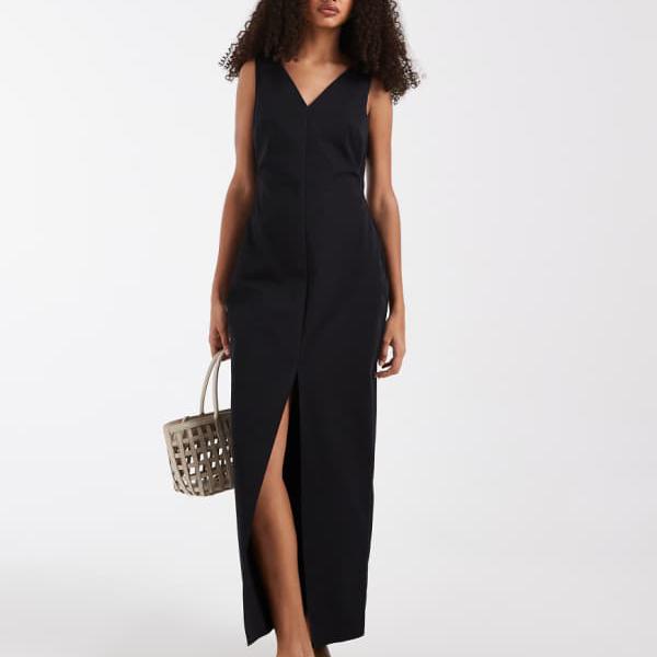 エイソス ASOS asos ASOS DESIGN Vネックコラムミディドレス（ダブル細長い切口入り口・入口、黒いこと） 衣裳 レディース お上さん インポートブランド 小っちゃい大いさから馬鹿でかい大いさまで