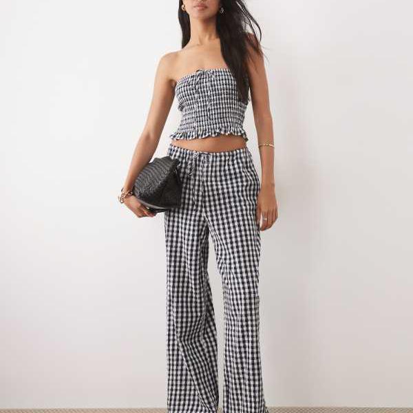 エイソス ASOS asos ASOS DESIGN ブラックギンガムチェック柄タイウエストセットアップパンツ 下つ方  ズボン下 レディース 成人女性 インポートブランド 弱められた大きさから馬鹿でかい大きさまで