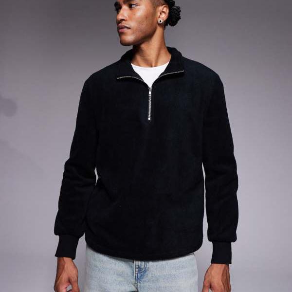 エイソス ASOS asos ASOS DESIGN ファネルネック クォータージップ フリース トレーナー（黒いこと） トップス メンズ 成人男性 インポートブランド 弱められた大きさから馬鹿でかい大きさまで