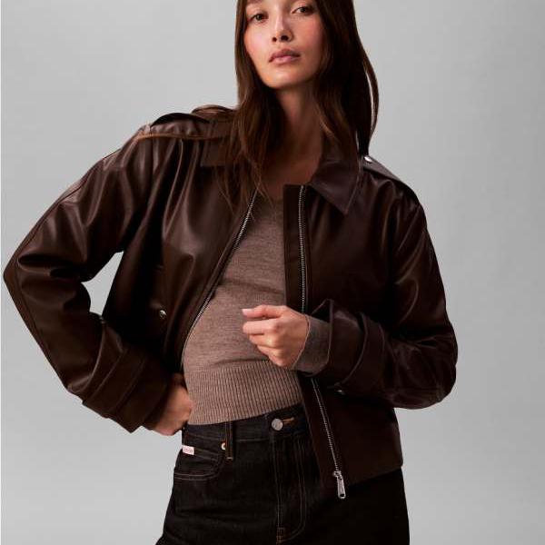 カルバンクラインジーンズ Calvin Klein Jeans カルバン・クライン・ジーンズのブラウンレザーモトジャケット アウター レディース 女性 インポートブランド 小さいサイズから大きいサイズまで