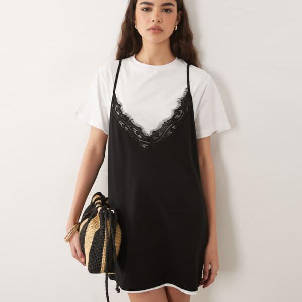 エイソス ASOS asos ASOS DESIGN 半袖レースオーバーレイミニドレス（白いこと＆黒いこと） 衣装 レディース 成人女性 インポートブランド 弱められた大きさから馬鹿でかい大きさまで