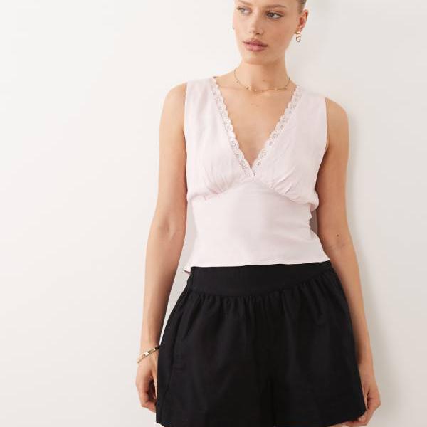 エイソス ASOS asos ASOS DESIGN リネン調プルオンショーツ（黒いこと） ズボン下 下つ方 レディース お上さん インポートブランド たわい無い大きさから気が大きい大きさまで