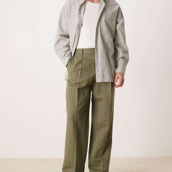 エイソス ASOS asos ASOS DESIGN スマートプリーツリネンリッチワイドレッグパンツ（オリーブ緑であること） ズボン下 下つ方 メンズ 成人男性 インポートブランド ごく小さい大きさから大層らしい大きさまで