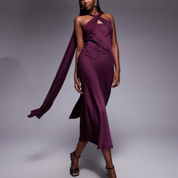 エイソス ASOS asos ASOS DESIGN ツイストディテール サテンシフォン マキシドレス（プラム） ワンピース レディース 女性 インポートブランド 小さいサイズから大きいサイズまで