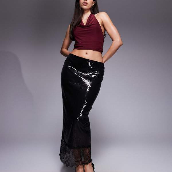 エイソス ASOS asos ASOS DESIGN スパンコール ミッドライズ コラムスカート レーストリム付き ブラック スカート レディース 女性 インポートブランド 小さいサイズから大きいサイズまで