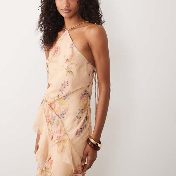 エイソス ASOS asos ASOS DESIGNのバイアスカットマキシドレス。循環のフラウンスとハイローデザイン、花柄刷り上げる。 衣裳 レディース 亭主もち インポートブランド ごく小さい大きさから大層らしい大きさまで
