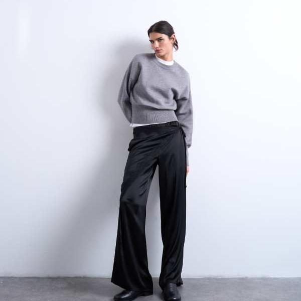 トップショップ Topshop TOPSHOP トップショップのサテンラップアラウンドとレースのワイドレッグトラウザー（ブラック） パンツ ボトム レディース 女性 インポートブランド 小さいサイズから大きいサイズまで