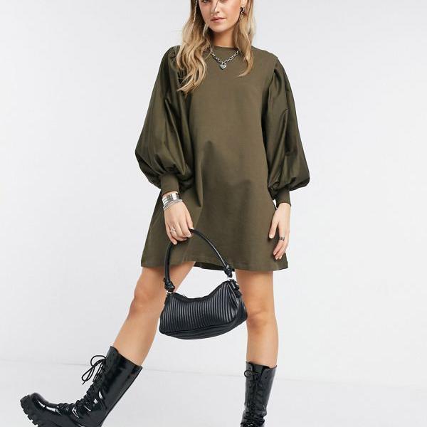 京都のセレクトショップdivacloset エイソス 女性 Asos Asos Asos Asosdesignミニスウェットドレスカーキのパフスリーブ ワンピース ワンピース レディース 女性 インポートブランド 小さいサイズから大きいサイズまで セレクトショップ Diva Closet