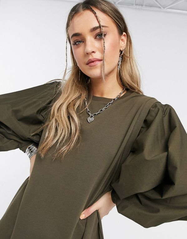 高級感 エイソス Asos Asos Asosdesignミニスウェットドレスカーキのパフスリーブ ワンピース レディース 女性 インポートブランド 小さいサイズから大きいサイズまで 送料無料 Www Natskies Com
