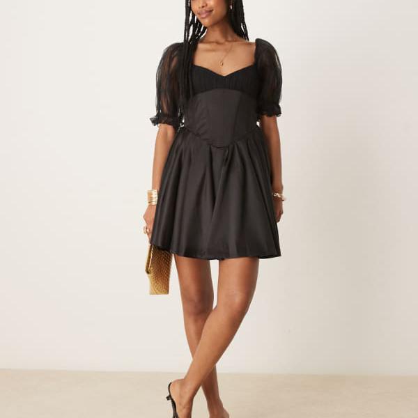 Lace & Beads レースとビーズがあしらわれたバルーンスリーブのコルセットミニドレス(ブラック) ワンピース レディース 女性 インポートブランド 小さいサイズから大きいサイズまで|セレクトショップ Diva Closet
