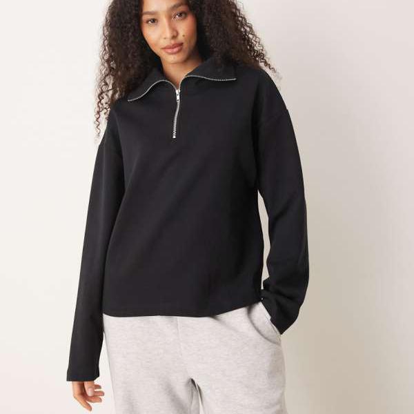 エイソス ASOS asos ASOS DESIGN インターロック ハーフジップ スウェットシャツ（ブラック） トップス レディース 女性 インポートブランド 小さいサイズから大きいサイズまで