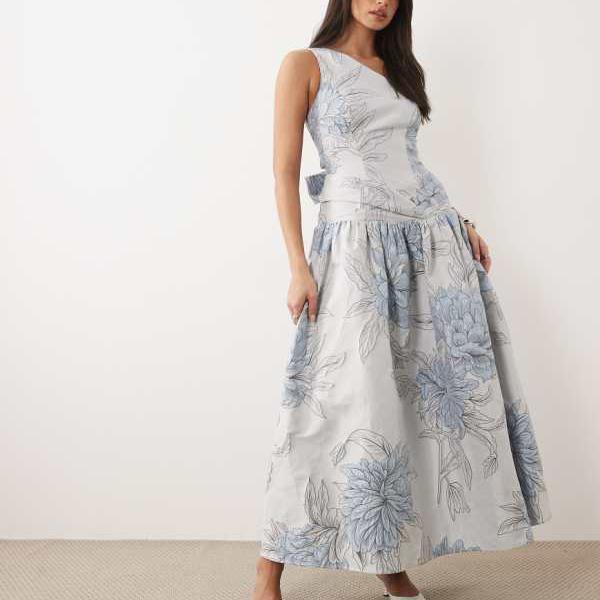 ASOS LUXE ワンショルダージャカードマキシドレス（ブルーフローラル） 衣裳 レディース お上さん インポートブランド 小っちゃい大いさから馬鹿でかい大いさまで