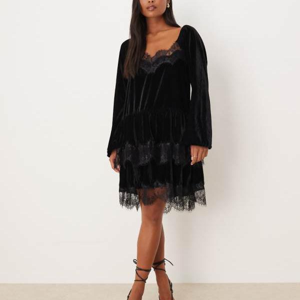 エイソス ASOS asos ASOS DESIGN プチ ロングスリーブ スウィートハートネックライン ベルベット ミニドレス (ブラック) トップス レディース 女性 インポートブランド 小さいサイズから大きいサイズまで