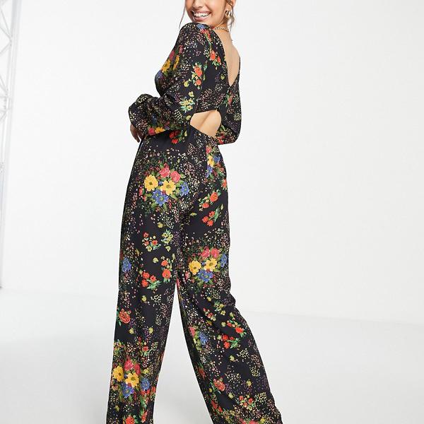 エイソス Asos Asos Asosdesignバブルクレープボタンバック長袖ジャンプスーツフローラルミックス トップス レディース 裏方 インポートブランド 卑しいサイズから貴いサイズまで Cciampnr Com