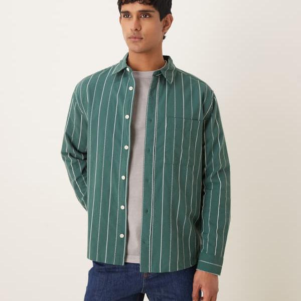 エイソス ASOS asos ASOS DESIGN リラックスストライプシャツ（グリーン） トップス メンズ 男性 インポートブランド 小さいサイズから大きいサイズまで