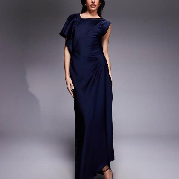 エイソス ASOS asos ASOS DESIGN トールサテン アシンメトリーネックライン マキシドレス、プリーツショルダーとスカートディテール、ミッドナイトブルー ワンピース レディース 女性 インポートブランド 小さいサイズから大きいサイズまで