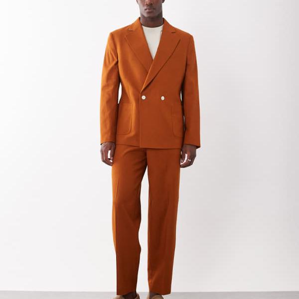 エイソス ASOS asos ASOS DESIGN ゆったりとしたダブルブレストスーツジャケット、ラスティオレンジ、リネン素材 アウター メンズ 男性 インポートブランド 小さいサイズから大きいサイズまで