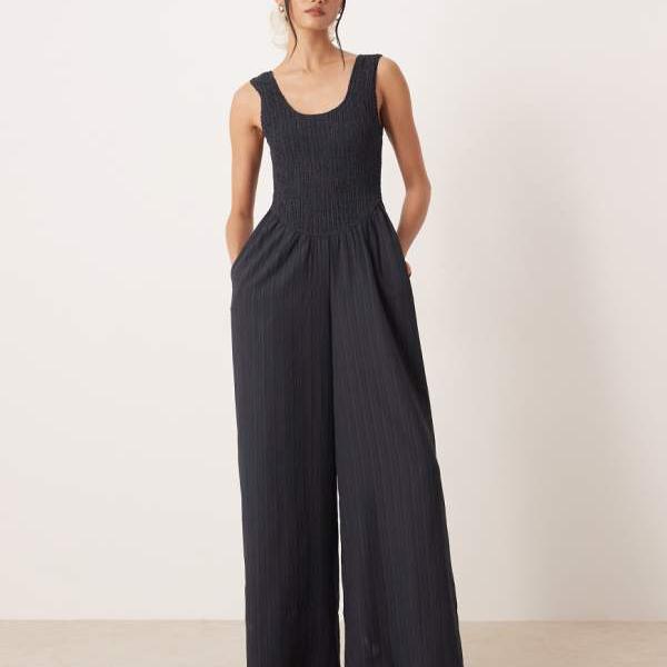 エイソス ASOS asos ASOS DESIGN スクープネック クリンクル ジャンプスーツ（ネイビー） オールインワン レディース 女性 インポートブランド 小さいサイズから大きいサイズまで