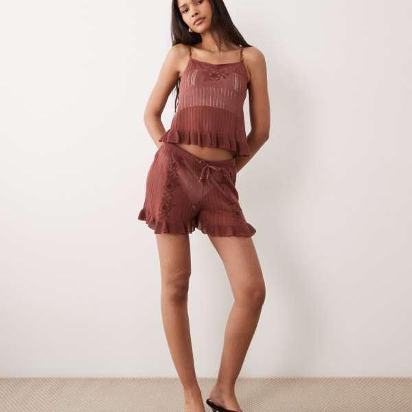 ミスセルフリッジ Miss Selfridge  ミス・セルフリッジの刺しゅう入り口・入口シースルーニットショートパンツ（黒茶色つや） ズボン下 下つ方  レディース 亭主もち インポートブランド ごく小さい大きさから大層らしい大きさまで