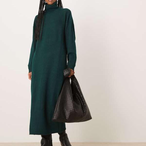 ヴィラ Vila ダークグリーンのメランジを使用した、Vilaのロールネックニットミディドレス ワンピース レディース 女性 インポートブランド 小さいサイズから大きいサイズまで