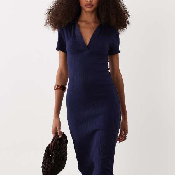 エイソス ASOS asos ASOS DESIGN 肋筋編み半袖ポロミディドレス（米国海軍） 衣裳 レディース 亭主もち インポートブランド ごく小さい大きさから大層らしい大きさまで