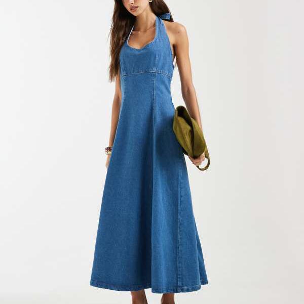 エイソス ASOS asos ASOS DESIGN ホルターネック マキシ御召しもの インディゴウォッシュ 衣裳 レディース お上さん インポートブランド 小っちゃい大いさから馬鹿でかい大いさまで
