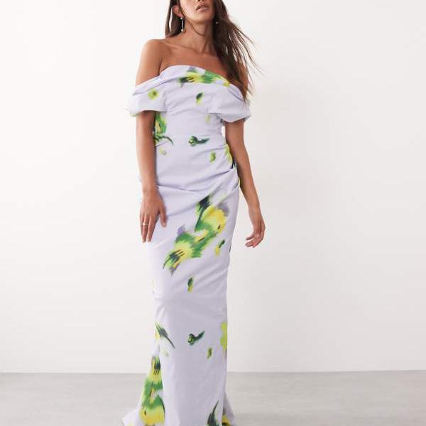 ARRANGE ライラック花柄プリントのギャザー入りバンドゥマキシドレス ワンピース レディース 女性 インポートブランド 小さいサイズから大きいサイズまで｜セレクトショップ　Diva　Closet