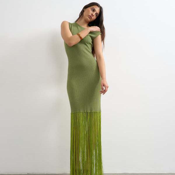 とっ始め販売店 Topshop TOPSHOP とっ始め販売店のニットリブタッセルマキシドレス（緑であること） 衣裳 レディース 亭主もち インポートブランド ごく小さい大きさから大層らしい大きさまで