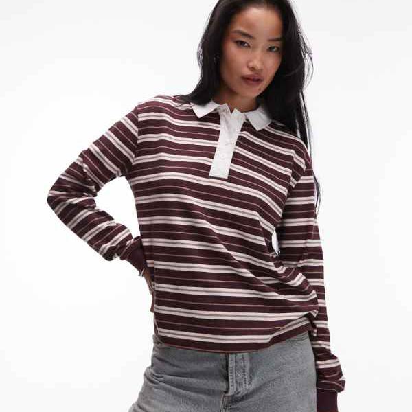 エイソス ASOS asos ASOS DESIN オーバーサイズ ラグビーシャツ（テクスチャードバーガンディストライプ） トップス レディース 女性 インポートブランド 小さいサイズから大きいサイズまで