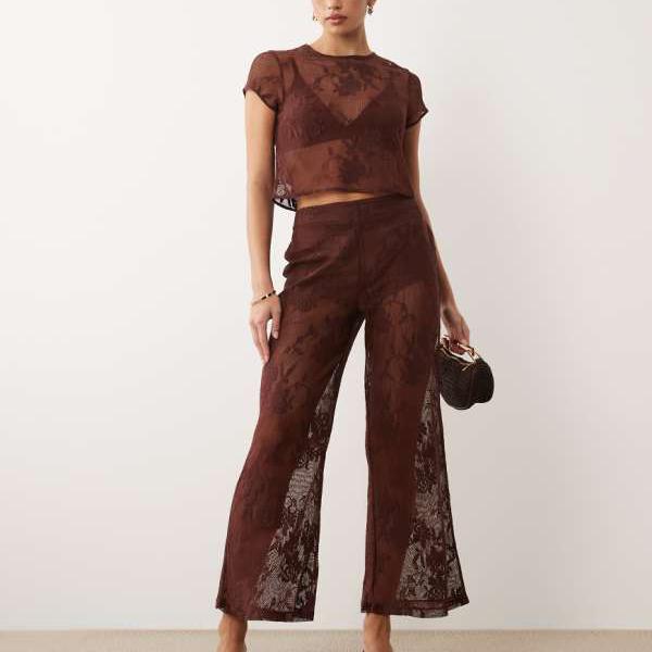エイソス ASOS asos ASOS DESIGN クロシェ花柄レースフレアパンツ（黒茶色つや） ズボン下 下つ方 レディース 亭主もち インポートブランド ごく小さい大きさから大層らしい大きさまで