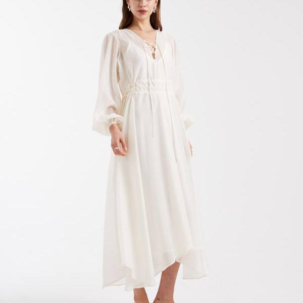 4th & Reckless シフォンタイフロントバルーンスリーブアシンメトリーフロートヘムマキシドレス（クリーム色） ワンピース レディース 女性 インポートブランド 小さいサイズから大きいサイズまで