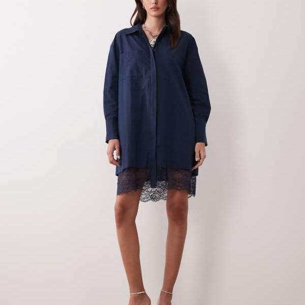 エイソス ASOS asos ASOS DESIGN のネイビーのレーストリム付きシャツドレス ワンピース レディース 女性 インポートブランド 小さいサイズから大きいサイズまで