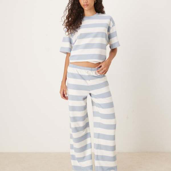 エイソス ASOS asos ASOS DESIGN テクスチャードストライプ ワイドレッグ トラウザー（ブルー＆クリームストライプ） パンツ ボトム レディース 女性 インポートブランド 小さいサイズから大きいサイズまで