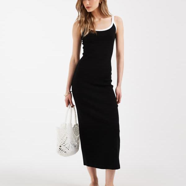 エイソス ASOS asos ASOS DESIGNのコントラストトリムリブミディドレス（黒いこと、白いこと刈り込み） 衣装 レディース お上さん インポートブランド たわい無い大きさから気が大きい大きさまで