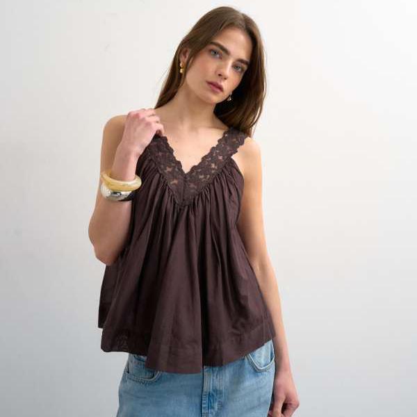 とっ始め販売店 Topshop TOPSHOP とっ始め販売店のディープVレーストラペーズトップ（黒茶色つや） トップス レディース 亭主もち インポートブランド ごく小さい大きさから大層らしい大きさまで