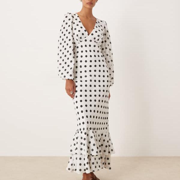 Lace & Beads レース＆ビーズ ケジア 長袖フリル裾マキシドレス（ホワイト水玉模様） トップス レディース 女性 インポートブランド 小さいサイズから大きいサイズまで
