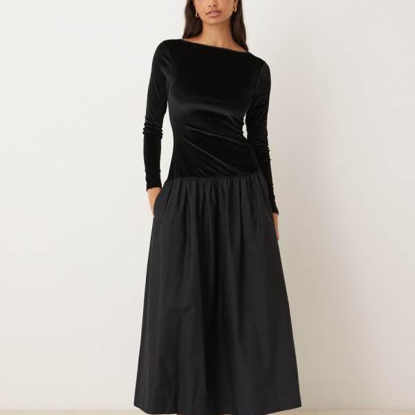エイソス ASOS asos ASOS DESIGN ベルベット ハイブリッド マキシドレス（ポプリン スカート付き）ミッドナイトブラック ワンピース レディース 女性 インポートブランド 小さいサイズから大きいサイズまで