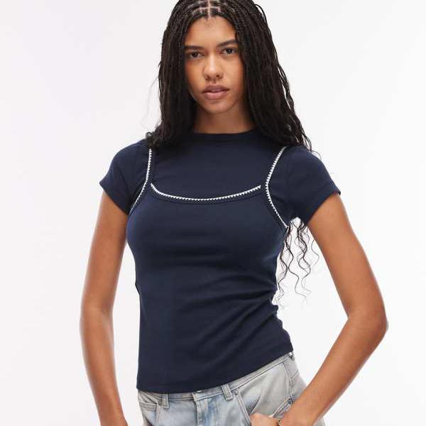 エイソス ASOS asos ASOS DESIGN 半袖ダブルレイヤートップ（ネイビー） パンツ ボトム レディース 女性 インポートブランド 小さいサイズから大きいサイズまで